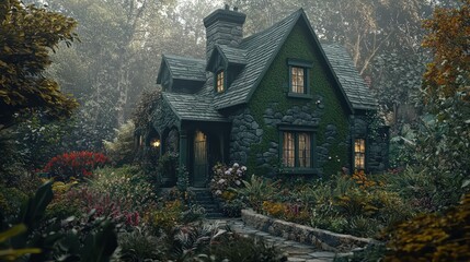 Obraz premium A historic stone cottage with a dark moss green paint job, nestled in a wild botanical garden, creating a fairy-tale atmosphere