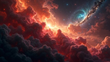 Obraz premium Colorful nebula cloud with blue and green gases distant glowing galaxy in cosmic sky