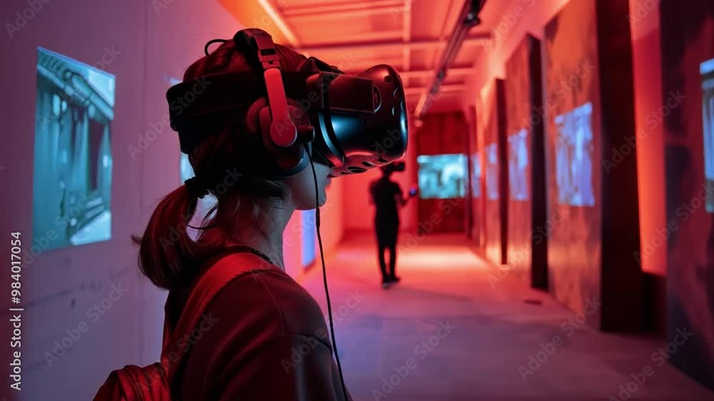 Aufkleber a person wearing a virtual reality headset explores an art gallery illuminated with vibrant colors w