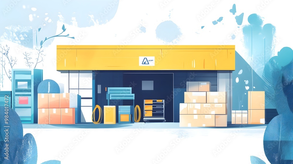 Poster Warehouse Exterior with Boxes and Loading Dock