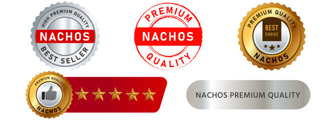 Premium quality nachos Mexican food snack sticker stamp badge emblem restaurant symbol design set collection illustration