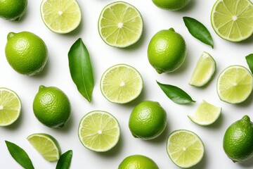 Design an image featuring whole and sliced limes arranged randomly across the frame
