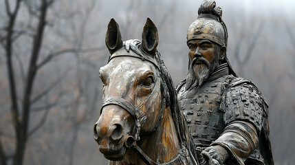 A Close-Up View of a Bronze Statue Depicting a Warrior Mounted on a Horse, Captured Against a Blurred Background of Trees in a Foggy Atmosphere