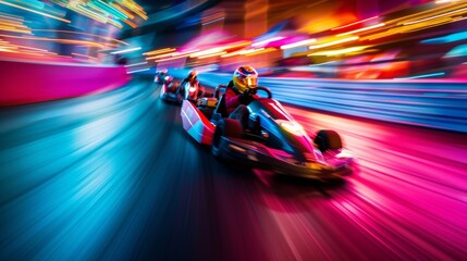 Exciting go-kart race in vibrant colors with speed and motion, capturing the thrill of the competition and fun atmosphere.