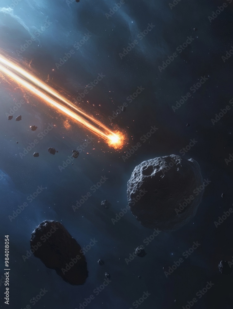 Poster a meteor streaks through space, illuminating the dark expanse while approaching rocky asteroids amid