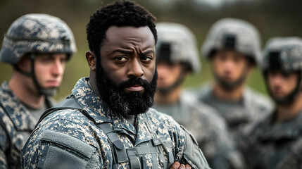 Fototapeta premium Close-up Portrait of a Bearded Soldier in Camouflage Uniform Standing with Arms Crossed, Looking Directly at the Camera, with Other Soldiers in the Background