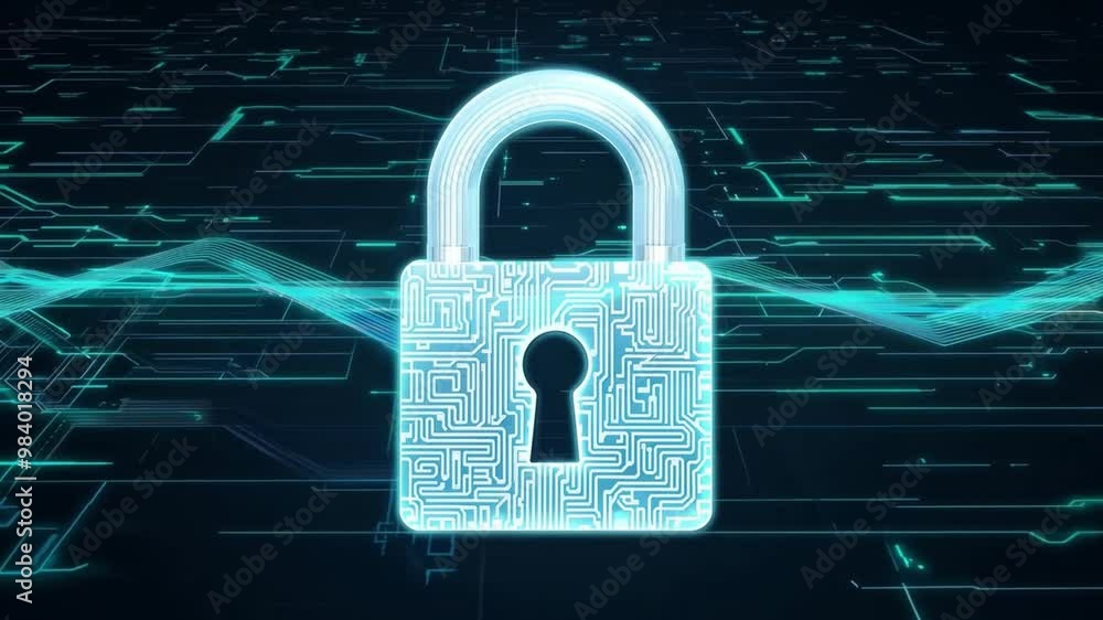 Poster A digital padlock with circuit patterns represents security in a high-tech setting. This visual conveys the importance of protecting information in today's digital landscape.