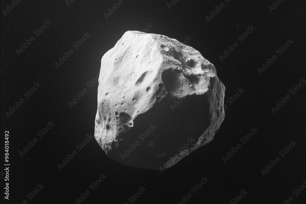 Poster a close-up view of a large asteroid drifting through space against a dark backdrop during the celest