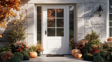 Main entrance to the luxury house with autumn decoration flower and autumn pumpkins decoration, beautiful and elegant white door with autumn deco and pumpkins, modern and elegant entrance, Autumn time