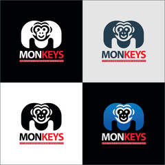 monkey face funny cute gaming joypad letter m initial silhouette logo illustration set template design