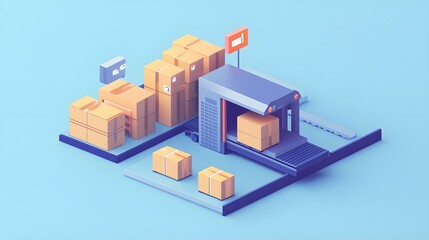 Isometric 3D Illustration of a Package Conveyor Belt System in Blue Background