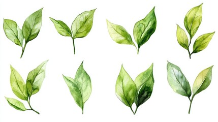 Isolated Watercolor Matcha Green Tea Leaves on Transparent PNG Background for Morning Drinks and Delicious Beverages Clipart Set
