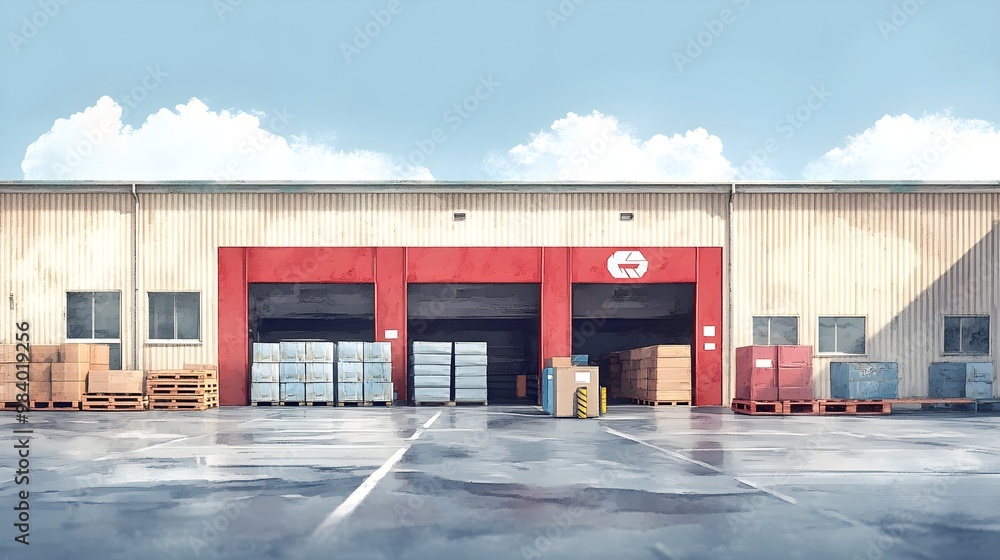 Poster industrial building with loading docks and pallets