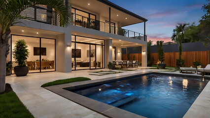 A luxury house backyard with pool.A stunning modern villa with a pool glowing under evening lights. The elegant architecture and tranquil atmosphere make this home an ideal escape for relaxation.