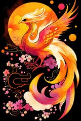 Phoenix Bird with Cherry Blossoms and Full Moon