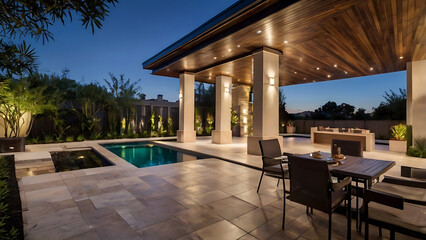 A luxury house backyard with pool