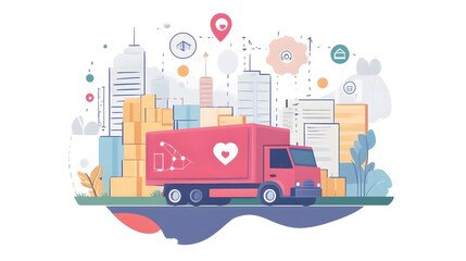 Fototapeta premium Delivery Truck with City Skyline and Heart Icon