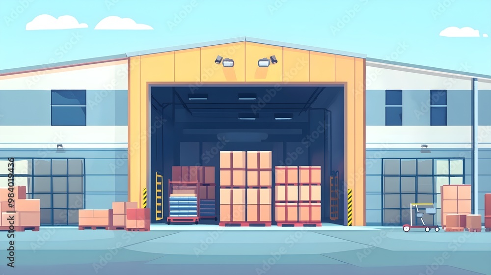 Poster warehouse building with loading docks and pallets of boxes