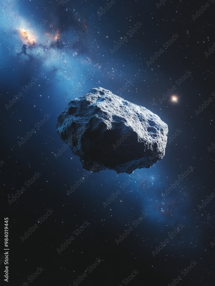 Poster an asteroid floats in the vastness of space, illuminated by distant stars and galaxies, creating a b