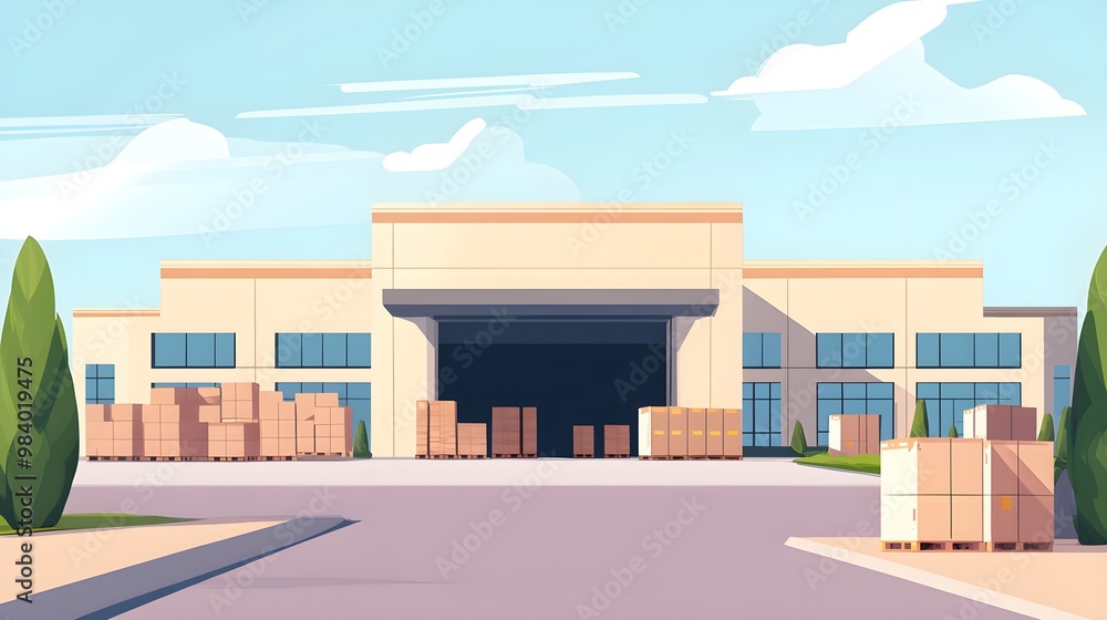 Poster warehouse building exterior with cardboard boxes and loading dock