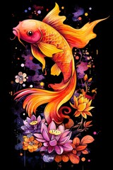 Obraz premium Golden Koi Fish and Lotus Flowers Watercolor Illustration