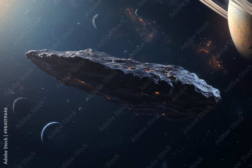 Poster mysterious object drifting through space near a ringed planet and distant stars
