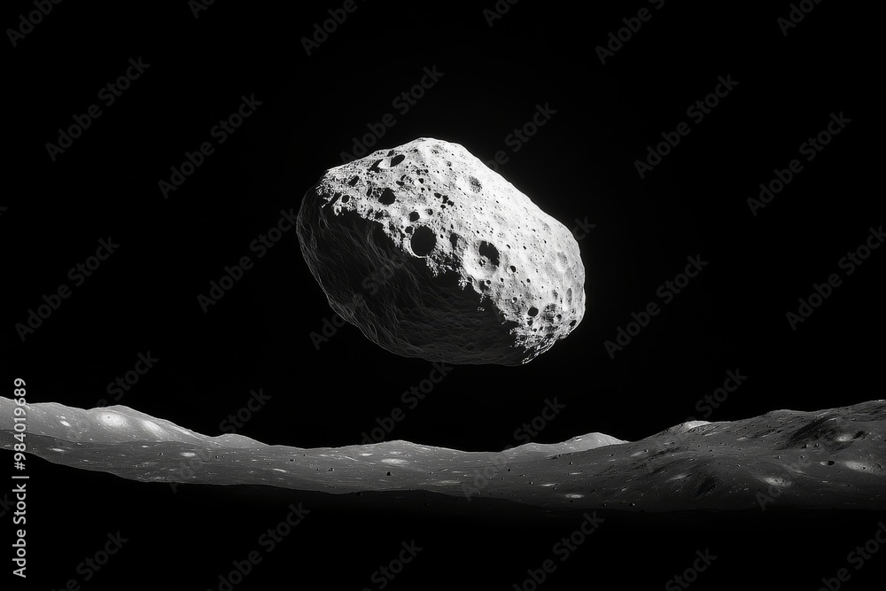 Poster a detailed view of an asteroid floating above the lunar landscape in the vastness of space during a 