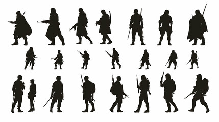 Collection of Silhouette Soldiers and Warriors with Weapons,  A Diverse Group of Military and Combat Figures in Black Silhouette Style