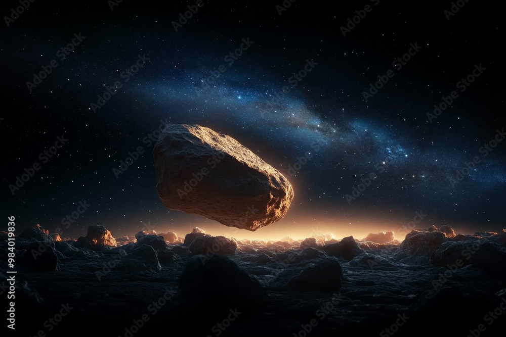 Poster a floating asteroid illuminated by distant starlight against the backdrop of a galactic panorama in 