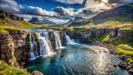 Aerial view of Sorvagsvatn Lake and waterfall flowing into the ocean on the western coast