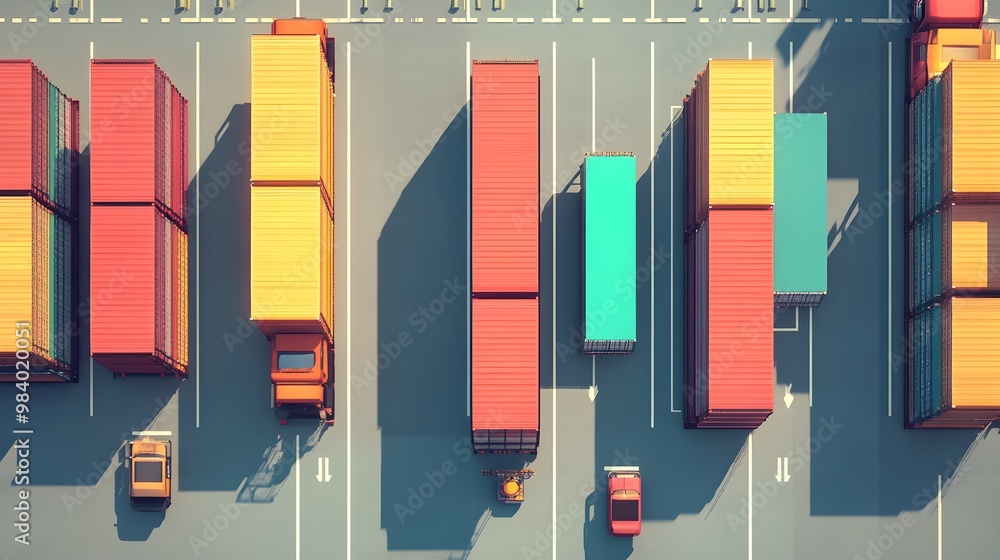 Poster aerial view of shipping containers and trucks in a loading bay