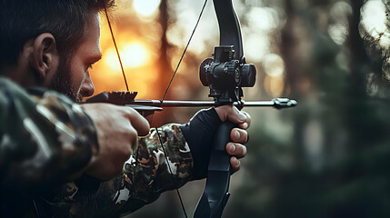 A Man in Camo Aims a Compound Bow with a Scope at a Target in a Forest, Sunlight in the Background