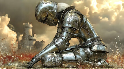 A Depiction of a Female Knight Kneeling in Front of a Castle, Wearing Ornate Armor and With Her Head Bowed in Thought or Prayer, Against a Dramatic Cloudy Sky with Golden Hues