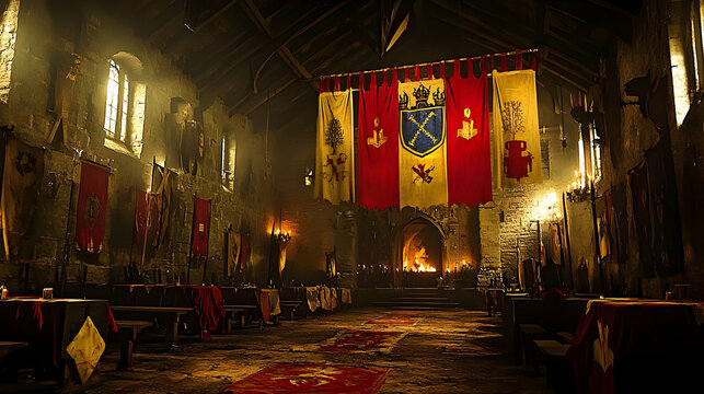 A Medieval Hall Decorated with Banners and a Fireplace with Flames Burning in the Background