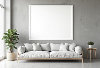 Sofa against concrete wall with blank white frame. Minimalist interior design of modern living room
