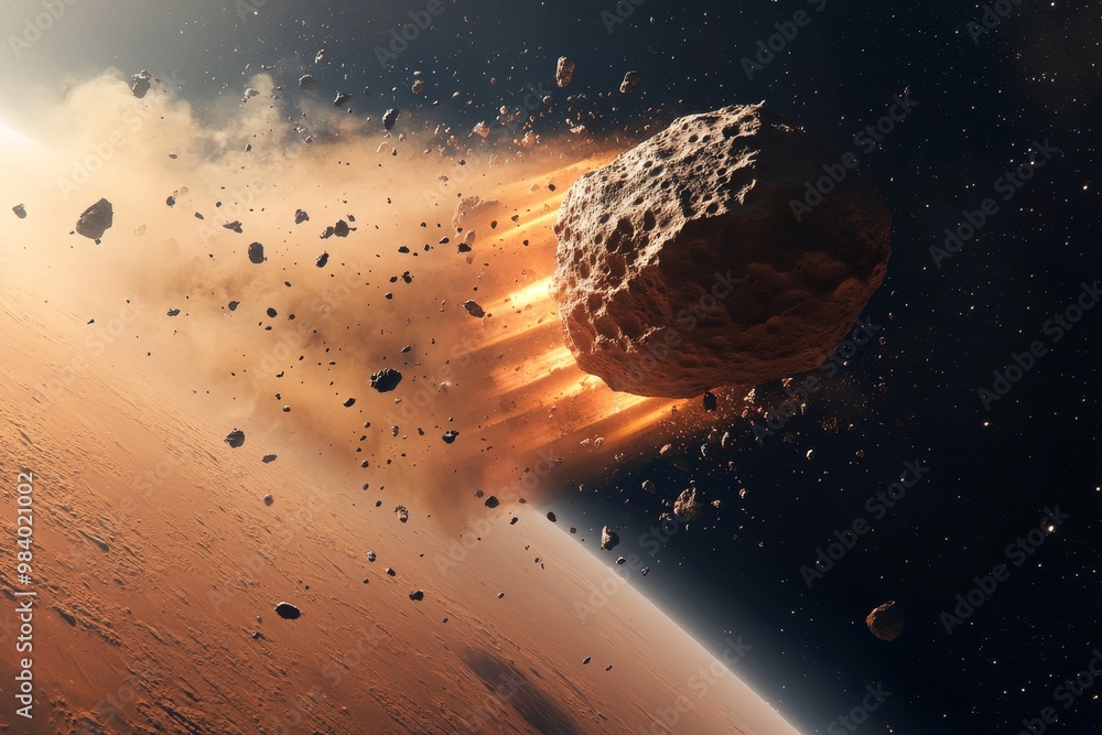 Poster an asteroid collides with mars, creating a spectacular display of debris and fire in the vastness of