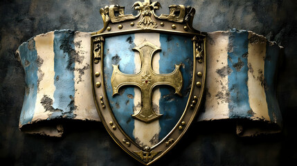 Naklejka premium A Vintage, Worn, and Ornate Shield with a Golden Cross Emblazoned on its Face, Framed by a Tattered Banner with a Blue and White Pattern, Creating a Sense of History and Nostalgia 