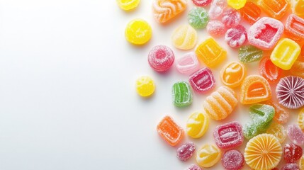 A vibrant assortment of colorful jelly candies in different shapes, scattered on a clean white background with ample space for text input. Perfect for fun and playful designs.
