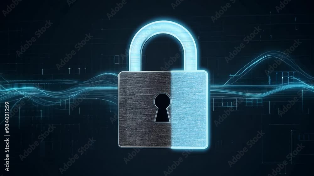 Poster A metallic padlock prominently displayed, representing security and protection. The background features abstract blue waves, conveying a sense of data safety in a digital world.