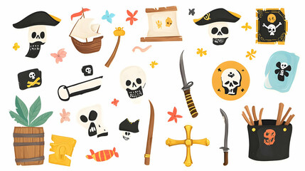 Illustrated Pirate Treasures and Accessories Collection with Skull and Crossbones Motifs