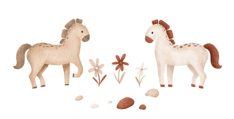 Cartoon animals for children's design . Hand drawn set of illustration of beige cute horse and grey horse with maroon mane on isolated background. Minimalist scandinavian style flowers and stones.