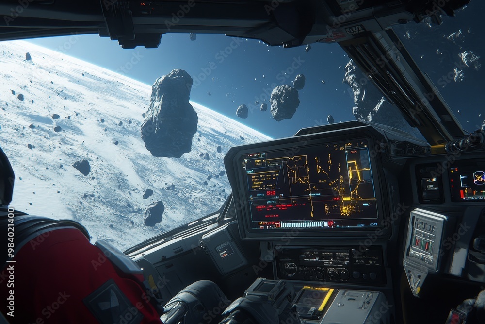 Poster a spacecraft navigates through an asteroid field while monitoring data displays in deep space