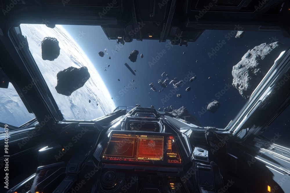 Poster view from a spacecraft cockpit overlooking a distant planet and asteroid field in the depths of spac