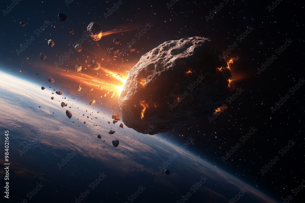 Poster asteroid collides with earth, creating fiery explosion over oceans in stunning visual from outer spa