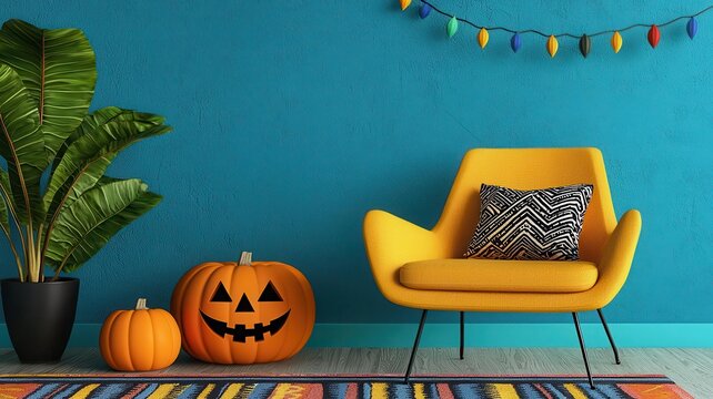 Bohemian living room Halloween setup, eclectic furniture, fairy lights, tribal patterned rugs, carved pumpkins, warm and cozy, 3D illustration