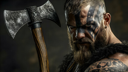 A Portrait of a  Bearded Viking Warrior Holding a Double-Headed Axe with a Determined Expression and Tribal Tattoos