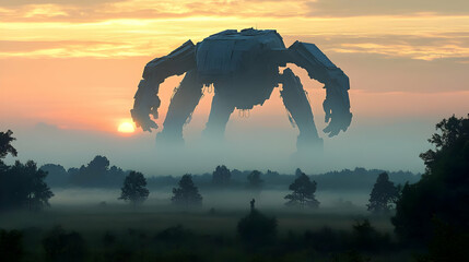 A Gigantic Mechanical Walker Stands in a Foggy Forest at Sunset, casting a long shadow over the trees and a lone figure in the distance, creating an eerie and unsettling atmosphere.