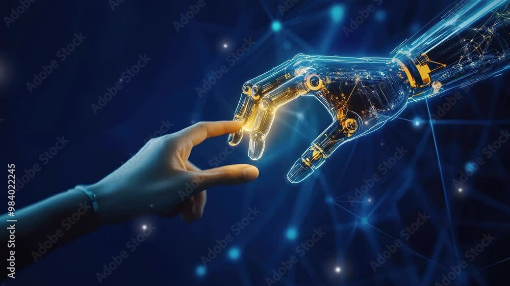 Poster abstract human and robot hands touching. futuristic technology concept for artificial intelligence. 