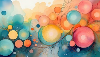 abstract watercolor painting, abstract background with colorful circles, pastel colors, in the style of watercolor