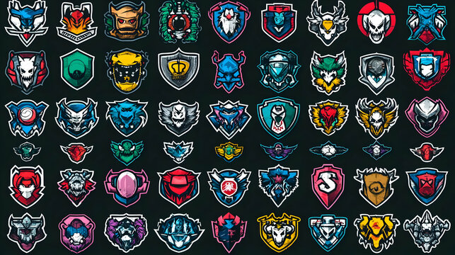 Collection of 50 Colorful and Detailed Gaming Team Logo Designs in Shield Shapes with Various Creatures, Symbols, and Patterns
